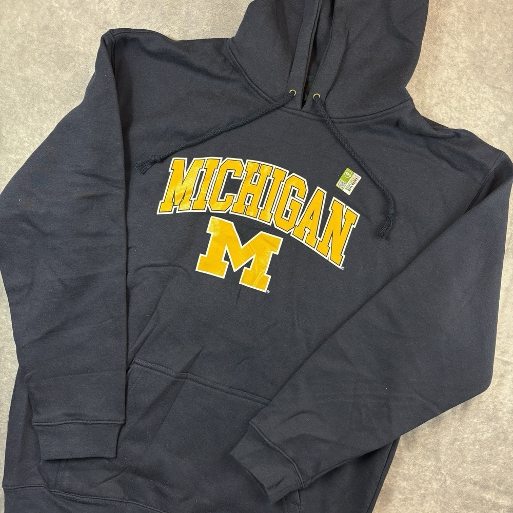 Michigan Wolverines‎ Hoodie Mens Large Blue Navy Spell Out Logo Sweatshirt NEW